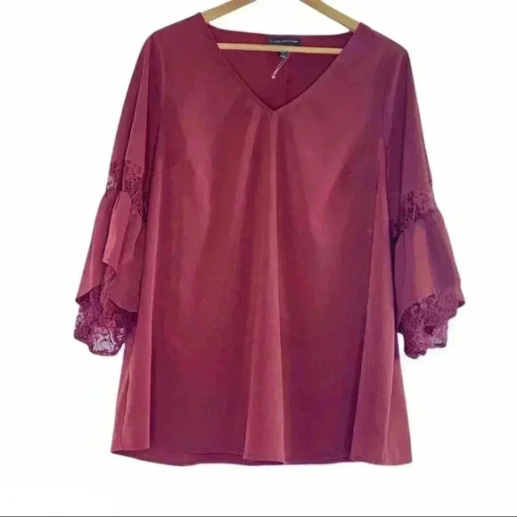 Lane Bryant wine burgundy lace bell sleeve top 16 - Picture 1 of 7